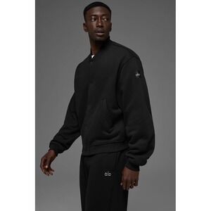 Alo Yoga Mens RENOWN Varsity Jacket Black Fleece Snap Front Bomber Coat Large L